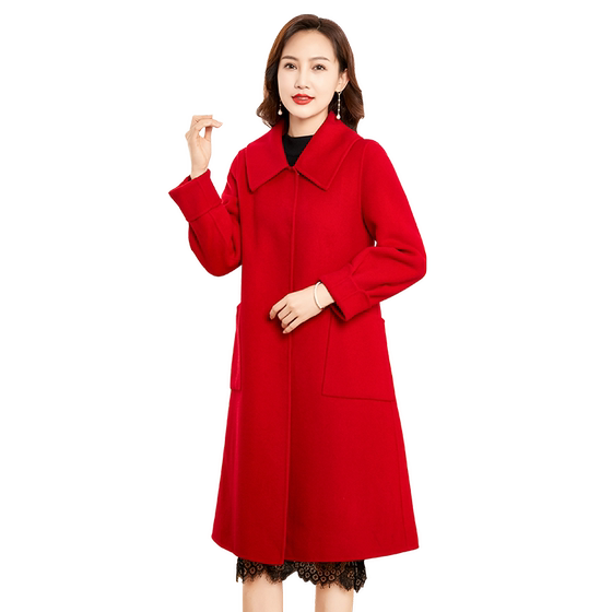 Xiangnifen red square collar mid-length double-sided cashmere coat for women mother wool woolen coat 2025 new winter style Xiangnifen red square collar mid-length double-sided cashmere coat for women mother wool woolen coat 2025 new winter style