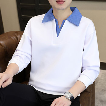 Denim neck long-sleeved T-shirt men's autumn top 
Denim neck long-sleeved T-shirt men's autumn top