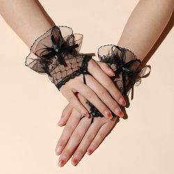 Short black lace gloves Halloween wedding Lolita costume mesh bow sexy sleeves M Short black lace gloves Halloween wedding Lolita costume mesh bow sexy sleeves M