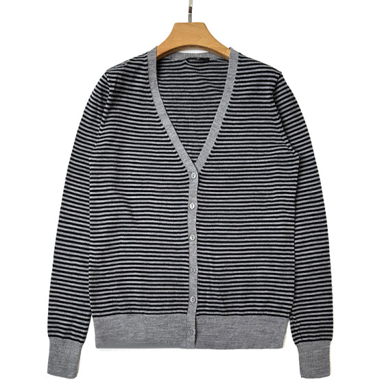 Sweater Women's V-neck Cardigan Striped Knitted Outer Wear OL Commuter 100 Pure Wool Worn Merino Spring and Autumn Winter 
Sweater Women's V-neck Cardigan Striped Knitted Outer Wear OL Commuter 100 Pure Wool Worn Merino Spring and Autumn Winter