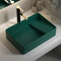 Matte Dark Green Ceramic Countertop Basin with Integrated Washboard for Washing Clothes and Washing Hands, Suitable for Home Use as a Washing Machine Basin Matte Dark Green Ceramic Countertop Basin with Integrated Washboard for Washing Clothes and Washing Hands, Suitable for Home Use as a Washing Machine Basin