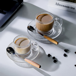Coffee Cup and Saucer Set with Vertical Stripes, Suitable for Espresso, Cold Brew, Latte Art, Glass Cup, Stackable, Afternoon Tea Cup, ins Style Coffee Cup and Saucer Set with Vertical Stripes, Suitable for Espresso, Cold Brew, Latte Art, Glass Cup, Stackable, Afternoon Tea Cup, ins Style