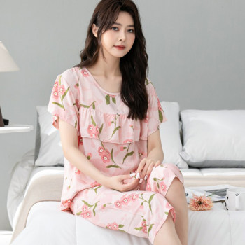 Cotton silk pajamas for women for summer short-sleeved suits for middle-aged and elderly mothers with large size artificial cotton home clothes for women to wear outside Cotton silk pajamas for women for summer short-sleeved suits for middle-aged and elderly mothers with large size artificial cotton home clothes for women to wear outside