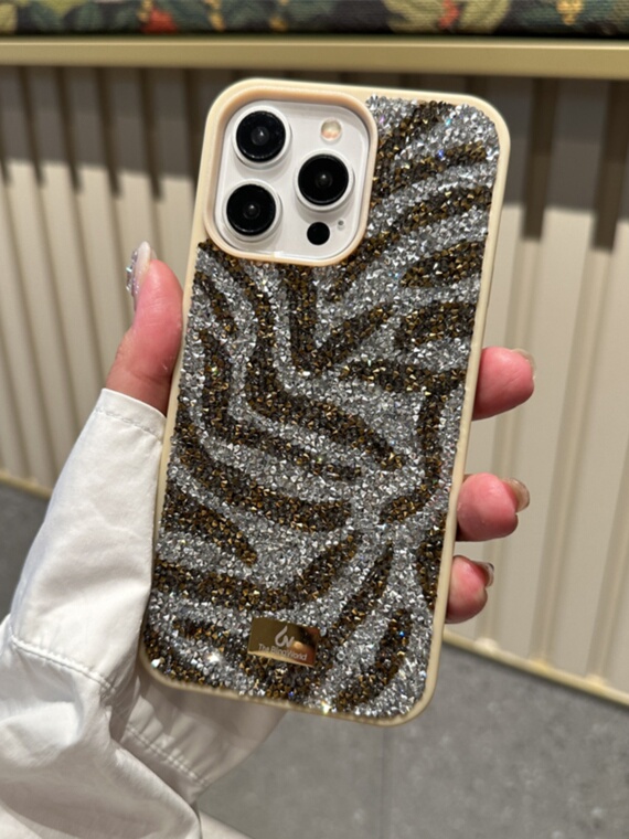 Girls Zebra Stripes Shiny Rhinestone Diamond Bling – Luxury 15, 14, 13, 12 iPhone Case