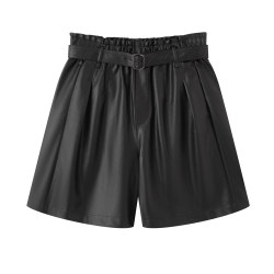 Bird + with belt! 2025 new autumn fashion versatile loose slimming high-waisted A-line wide-leg PU leather shorts for women Bird + with belt! 2025 new autumn fashion versatile loose slimming high-waisted A-line wide-leg PU leather shorts for women