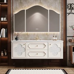 French Oak Vintage Style Bathroom Cabinet with Seamless Integrated Slate Basin, Bathroom Vanity Sink and Washbasin Cabinet Set French Oak Vintage Style Bathroom Cabinet with Seamless Integrated Slate Basin, Bathroom Vanity Sink and Washbasin Cabinet Set