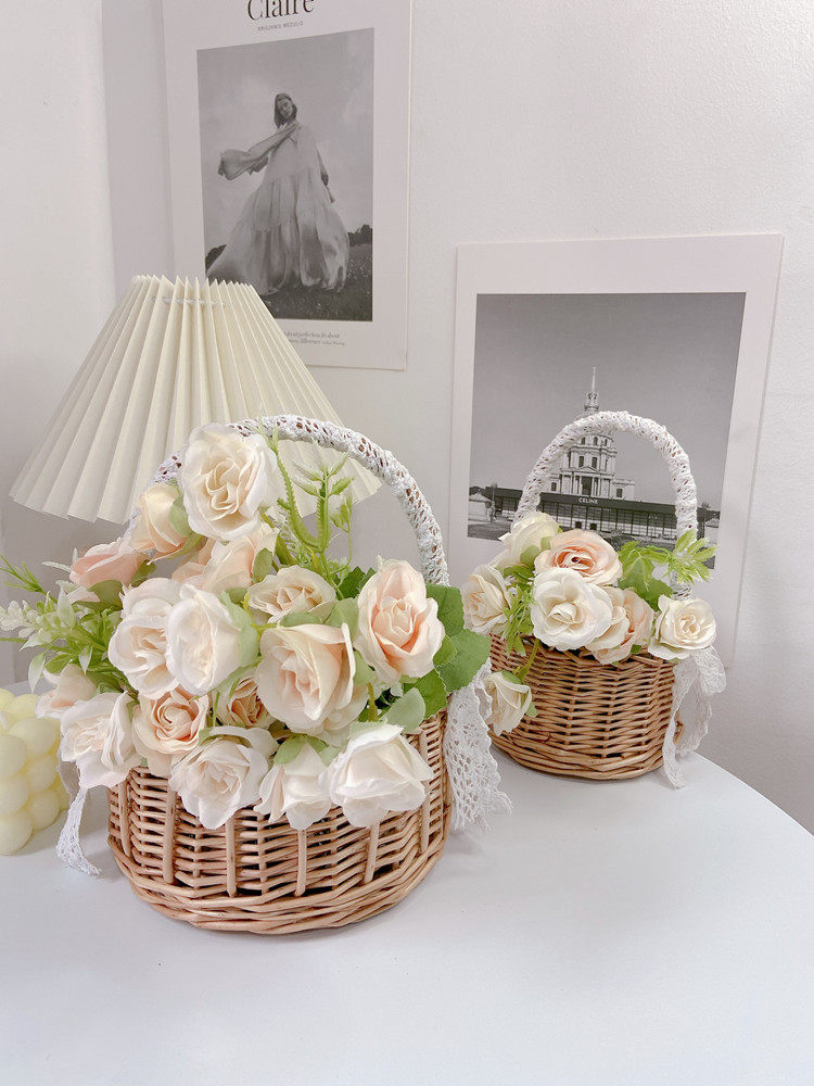 Willow Woven Flower Basket Simulated Rose Arrangement
