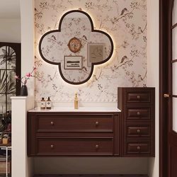 American-Style Oak Bathroom Cabinet Set, New Song-Style Aesthetic Washbasin with Integrated Ceramic Basin and Plum Blossom Smart Mirror American-Style Oak Bathroom Cabinet Set, New Song-Style Aesthetic Washbasin with Integrated Ceramic Basin and Plum Blossom Smart Mirror