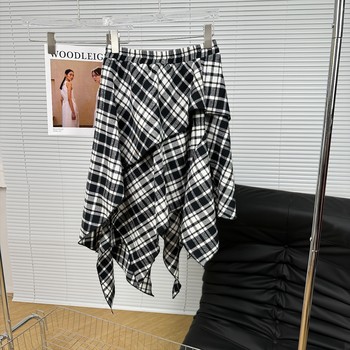 Autumn and winter cotton plaid asymmetric fluffy cake elastic high waist skirt A-line skirt mid-length skirt elastic for women Autumn and winter cotton plaid asymmetric fluffy cake elastic high waist skirt A-line skirt mid-length skirt elastic for women