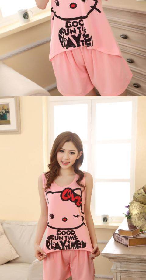 睡衣女士夏季可爱卡通吊带无袖背心女士居家服牛奶丝家居服女套装