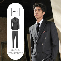 Qycl Suit Groom Formal Wear Wedding Suit Men's Suit Double-Breasted Striped Suit British Wedding Groomsmen Dress Qycl Suit Groom Formal Wear Wedding Suit Men's Suit Double-Breasted Striped Suit British Wedding Groomsmen Dress