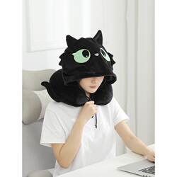 Cartoon black cat hooded U-shaped pillow portable travel neck pillow student nap pillow hooded pillow birthday gift Cartoon black cat hooded U-shaped pillow portable travel neck pillow student nap pillow hooded pillow birthday gift