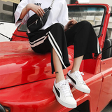 Women's sweatpants spring / summer 2019 Korean version loose and versatile white edge split straight tube casual pants high waist nine split wide leg pants