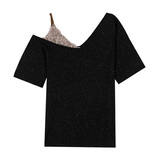 Summer Korean version super hot CEC short sleeve T-shirt women's small crowd loose off shoulder suspender splicing fake two piece top trend