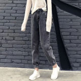 Spring and summer jeans for women loose fit Korean students 9-point elastic waist Harun pants show thin high waist straight tube dad pants