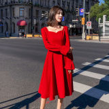 Small red skirt women's autumn 2019 new spring mid length Vintage High Waist Long Sleeve Dress