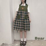 Summer soft girl cute little bear row and panel Plaid loose T-shirt vest skirt girlfriends dress
