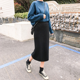 Ins super fire knitted skirt women's fall and winter 2018 new mid length high waist Korean version split one step wool A-line skirt