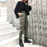 Cargo overalls women's autumn 2019 legging high waist show thin loose BF casual nine point straight pants ins trend