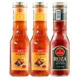 Two bottles of tomato sauce and one bottle of combination of Thai style sweet and spicy sauce