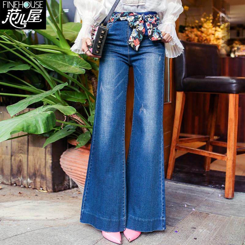 高腰牛仔阔腿裤女裤秋季厚港味复古大喇叭裤宽松牛仔裤修身长裤女