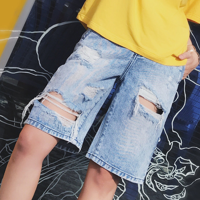 短裤 高腰破洞哈伦显瘦百搭宽松bf风 五分牛仔裤