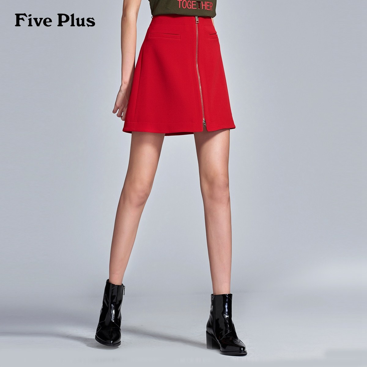 five plus2017新品女秋装潮金属拉链半身高腰a字裙短裙