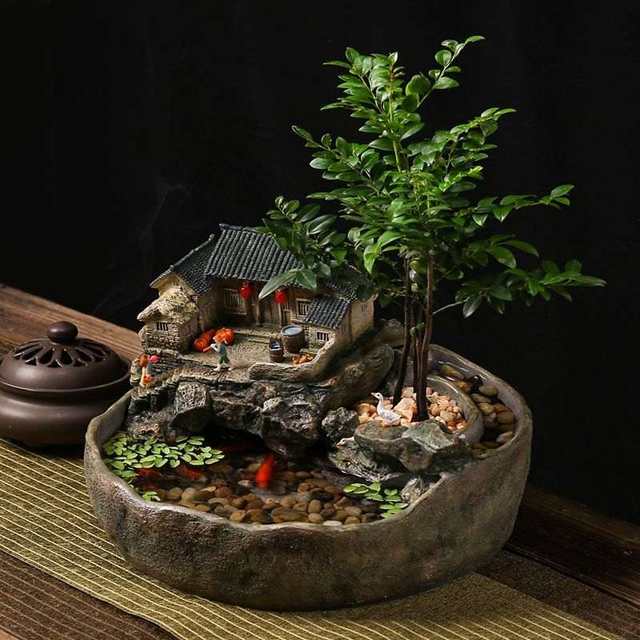Desktop micro landscape fish tank flowing water ornaments landscape bonsai circulating water living room office decoration opening gift