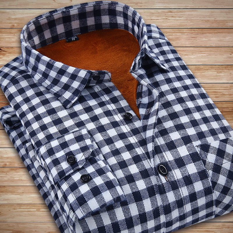 意宾格子保暖衬衫男士 长袖 衬衫加绒加厚修身休闲m男装磨毛衬衣