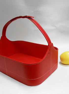 高档皮革礼品篮春节新年礼篮子红色皮篮手提篮包装袋仿皮礼篮水果