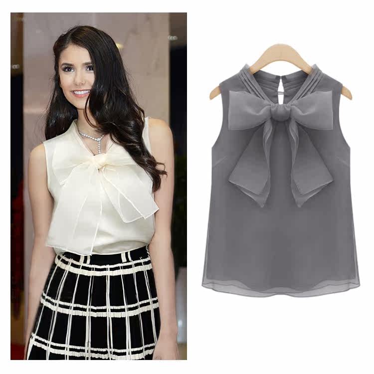 【天天特价】夏季女装背心欧根纱无袖打底上衣蝴蝶结真丝雪纺衫