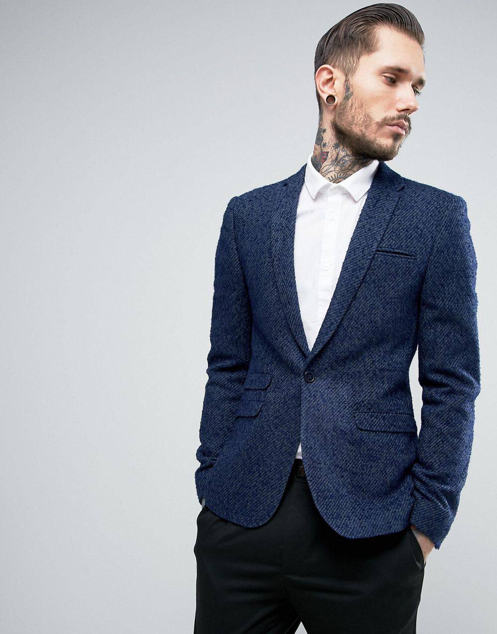 美女当家英国代购春季新品男士海军修身纹理时尚休闲西服外套上衣