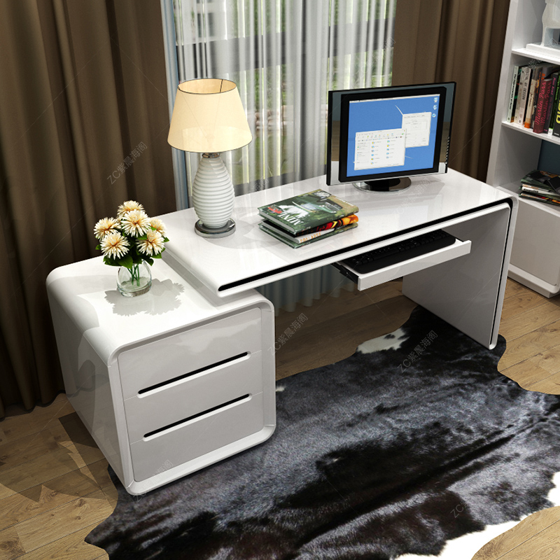 书房台式电脑桌 现代简约家用卧室白色烤漆书桌书架书柜组合