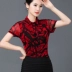 Màu đỏ mỏng mẹ sợi Đài Loan của phụ nữ áo cánh phụ nữ Xia Xiangyun sợi tơ lụa sợi lưới in áo sơ mi ngắn tay phần mỏng - Áo sơ mi Áo sơ mi