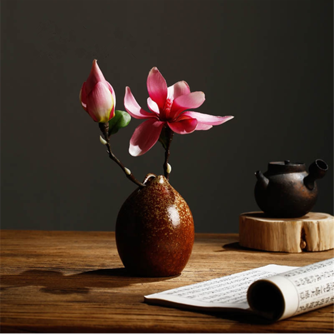 日式花器 手工青瓷陶瓷花瓶 禅意插花茶桌花插