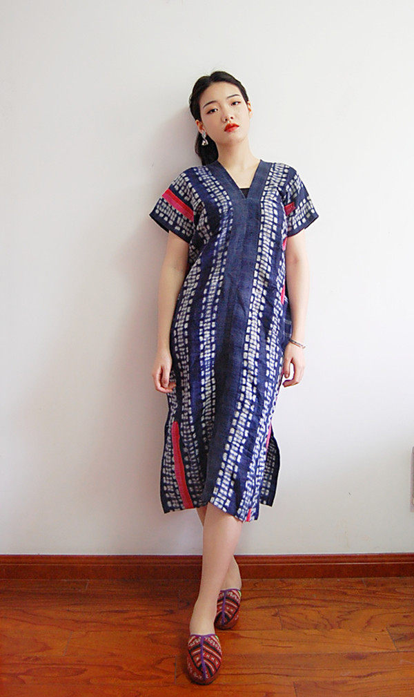 海鸥什堂泰国少数民族老布手工织布老蜡染双v领