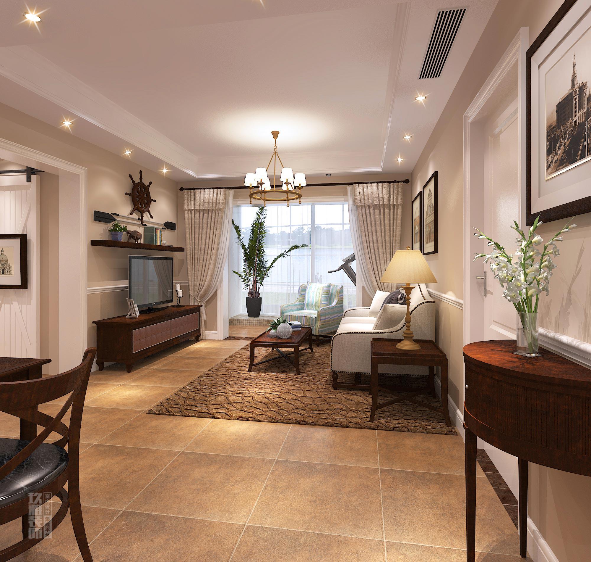 遵循简约的美式风,背景墙只选用了装饰画悬挂,依靠软饰来达到效果.