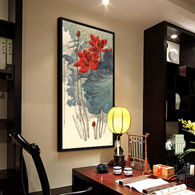 张大千荷花新中式玄关装饰画书房客厅餐厅走廊挂画墙画壁画水墨画