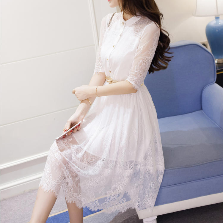 2016小清新镂空透视白色蕾丝连衣裙夏装长裙中