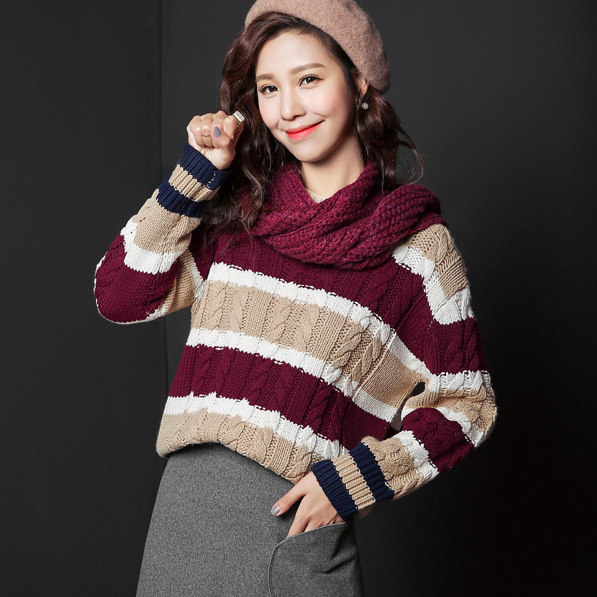 929新品 冬新款 撞色横条纹宽松提花毛衣长袖套头针织衫女cx426