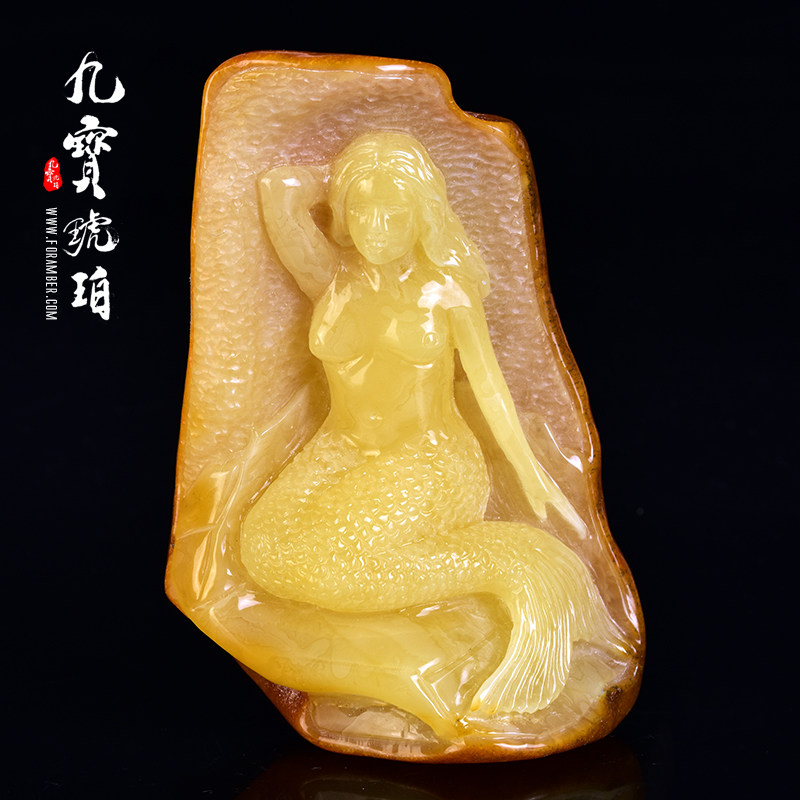 九宝琥珀美人鱼雕刻件天然黄蜜蜡琥珀吊坠挂件波兰大师kus雕刻20