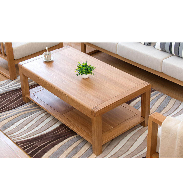 纯实木茶几简约原木橡木咖啡桌1.2/1.4米带抽屉茶几北欧客厅家具