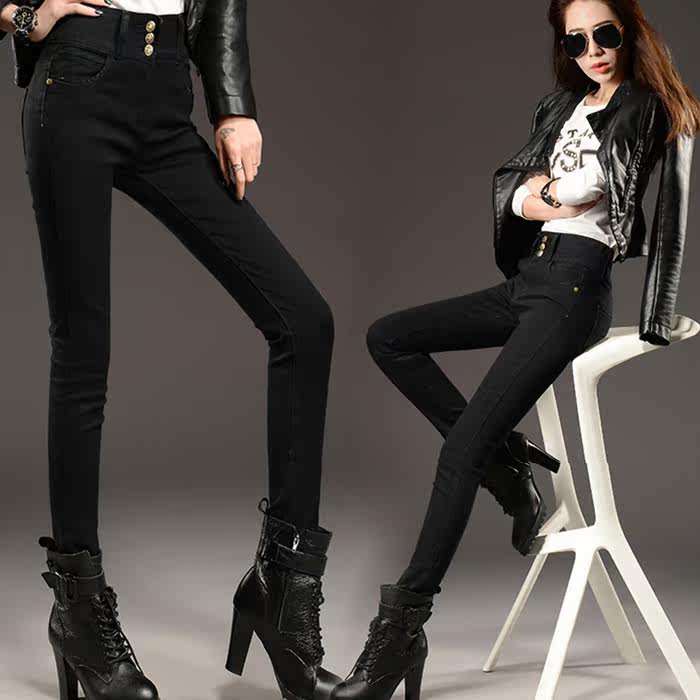 2016新款春秋季黑色女土牛仔裤修身小脚铅笔裤高腰排扣弹力长裤潮