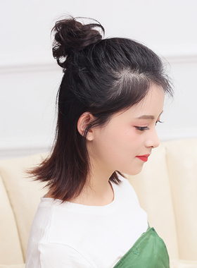 真发半丸子头发圈盘发小丸子头假发包蓬松自然直发包卷花苞头