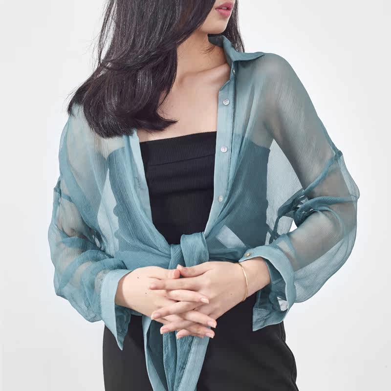 哈果自制 真丝防晒衫女轻薄透视上衣透明罩衫长袖宽松仙女衬衫夏