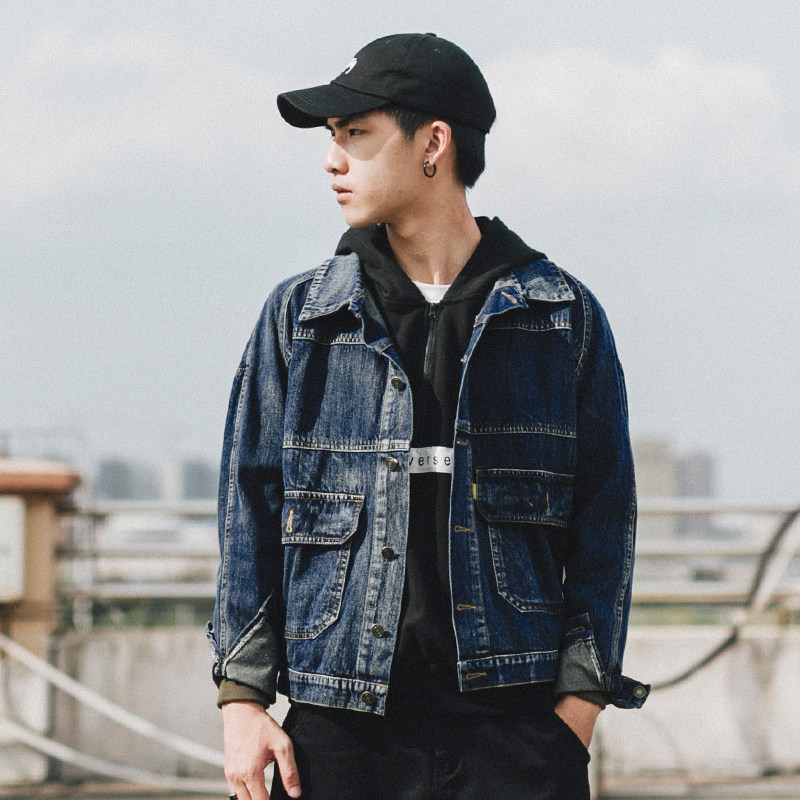 gboy秋季街头复古做旧牛仔衣夹克男日系青年