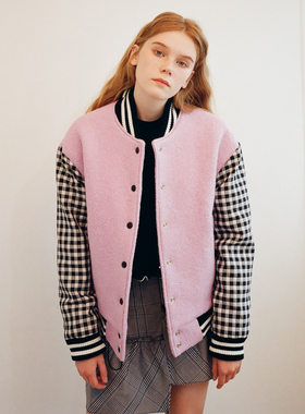 韩国潮牌代购直邮noir新款17秋格子拚接宽松棒球服外套