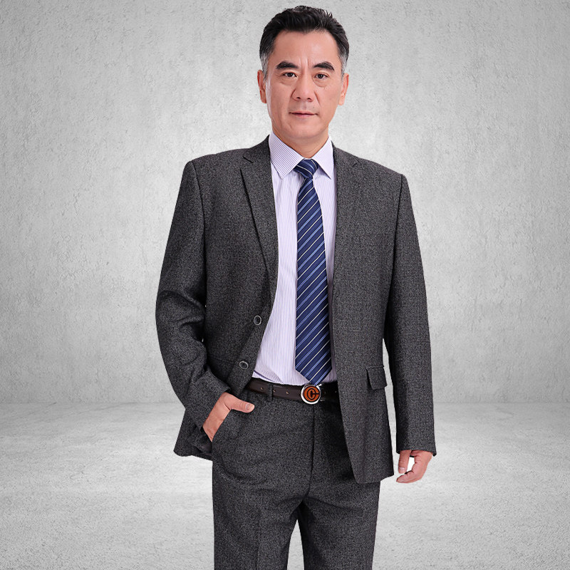 去购买 12,秋冬中老年爸爸装,灰色男士西服套装,父亲休闲西装套装大码