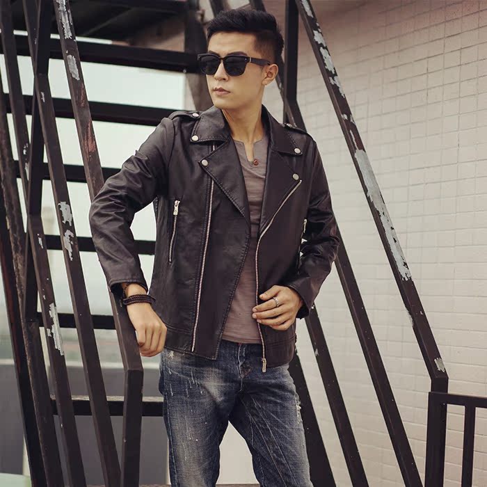 【天天特价】男式机车皮夹克秋季青年男士翻领潮流水洗皮衣外套男