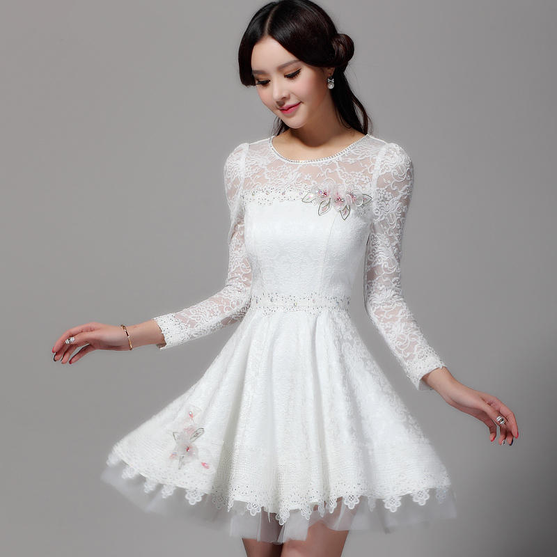 古艾思2015春装新款淑女气质镂空欧根纱连衣裙长袖白色蕾丝打底裙